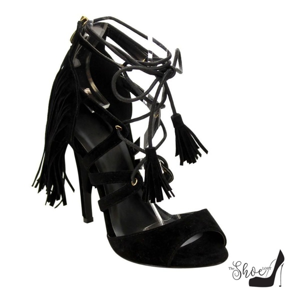 The Shoe Loft Shoes - Bliss Midnight Black Fringe Lace Up Heels The Shoe Loft Shoes - Bliss Midnight Black Fringe Lace Up Heels